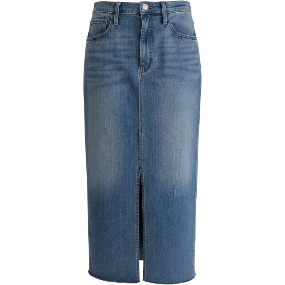 Universal Thread Skirt Women 12 Blue Denim Maxi Front Slit Raw Hem Casual